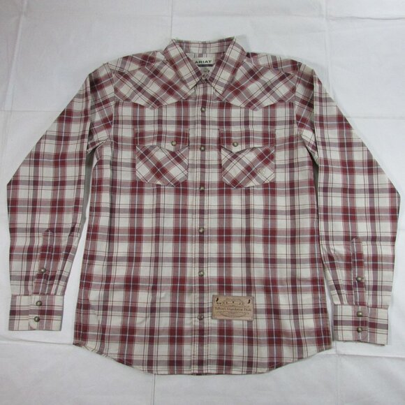 Ariat Men's Hendricks Retro Fitted Plaid Snap Western Shirt Off White/Red - Picture 2 of 3